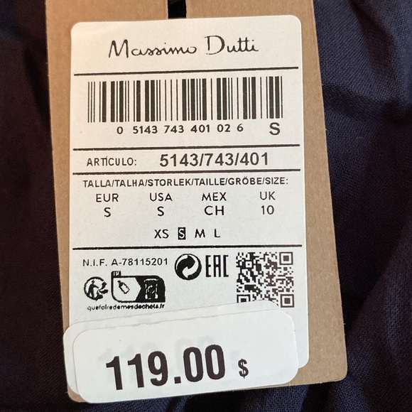 NWT. Massimo Dutti Navy Blue Cotton Voile Blouse with Gathered Details. Size S. - Picture 9 of 11